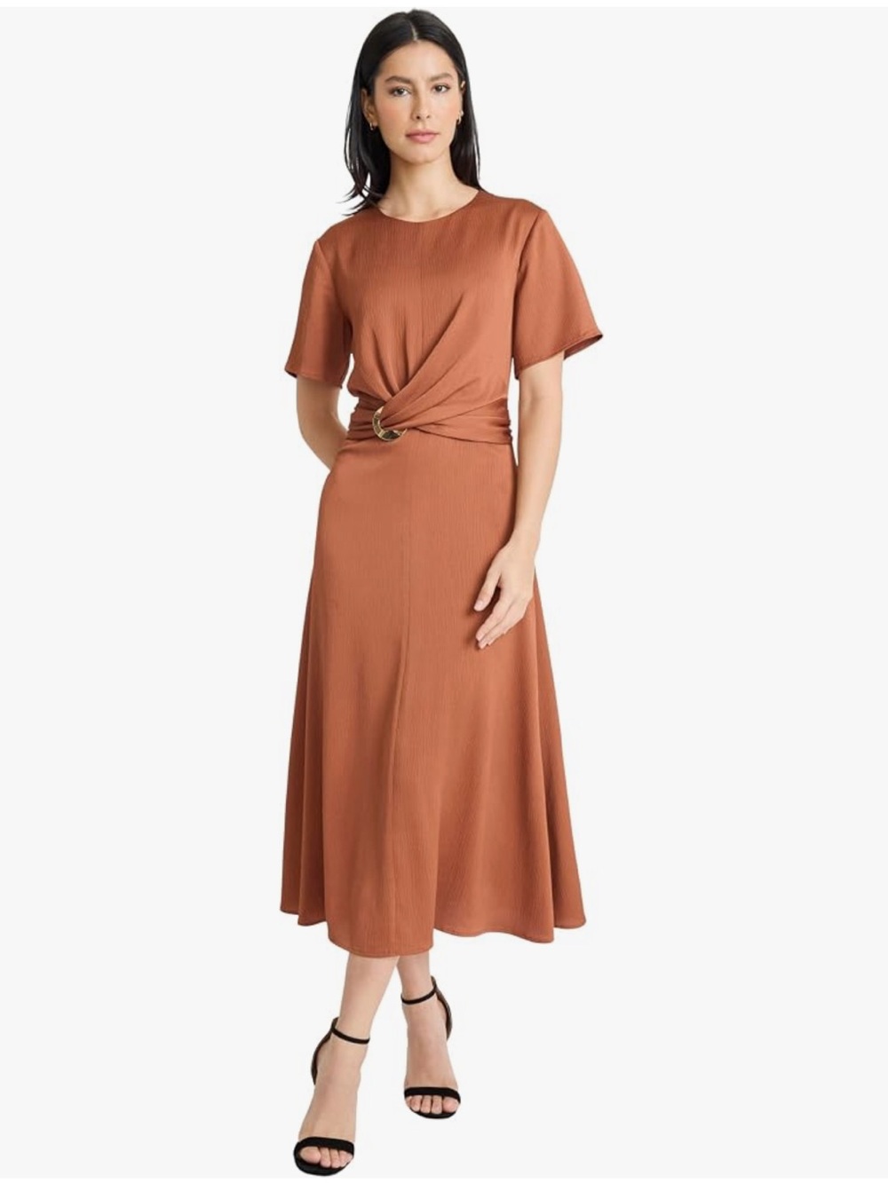 NWT Maggy London Short Sleeve Round Neck A-Line Midi Dress w Twist Front Detail